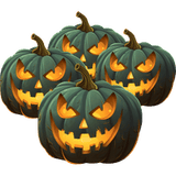 Four dark green jack-o-lanterns with glowing, carved faces are grouped together, each displaying a wide, jagged smile and triangular eyes, creating a spooky Halloween atmosphere.