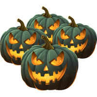 Four dark green jack-o-lanterns with glowing, carved faces are grouped together, each displaying a wide, jagged smile and triangular eyes, creating a spooky Halloween atmosphere.
