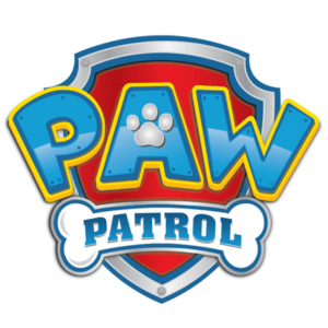 The PAW Patrol logo features PAW in blue letters with a paw print and Patrol below on a bone shape, all over a red and silver shield.