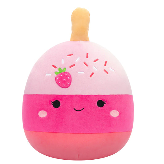 The Squishmallows 12” Pama The Strawberry Cake Pop Plush is a pink plush toy shaped like a smiling cake pop with sprinkles, rosy cheeks, strawberry detail on top, and tan stick—perfect for any Squishmallows fan.