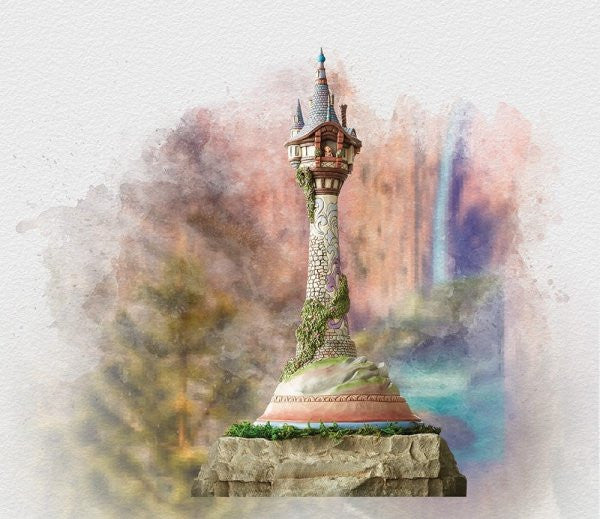 Disney Traditions Tower from Tangled where Rapunzel was held captive and can be seen at the window with Pascal Figurine