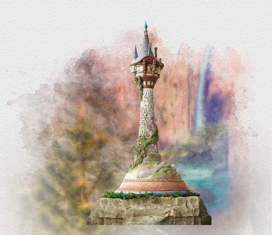 Disney Traditions Tower from Tangled where Rapunzel was held captive and can be seen at the window with Pascal Figurine