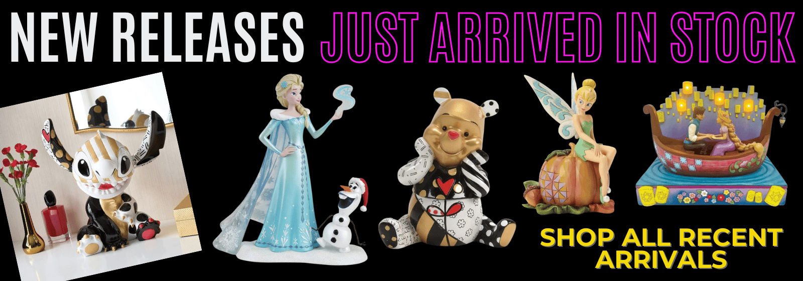 banner promoting recently released figurines pictured on a black background
