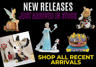 Promotional image of new product releases with various figurines on a black background.