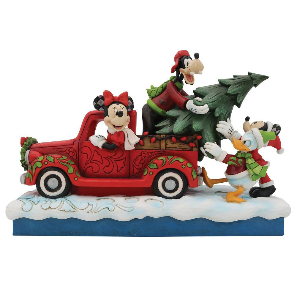 Disney Traditions Fab 4 with Red Truck & Tree Figurine By Jim Shore - Mickey mouse, Minnie, Donald & Goofy