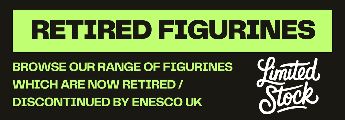 Promotional banner for retired figurines with text and branding elements.