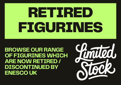 Sign indicating retired figurines with limited stock on a black background