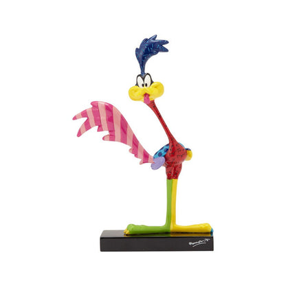 The Enesco Looney Tunes Britto Road Runner Figurine features vibrant, hand-painted patterns in Brittos signature style, capturing the whimsical character on a black base against a white background.