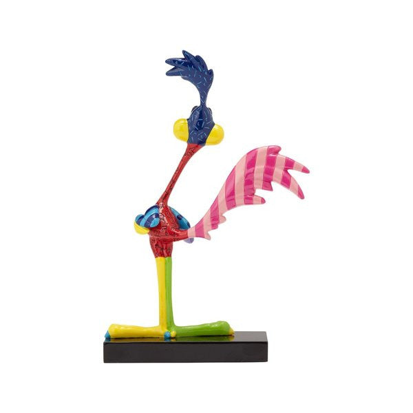 The Enesco Looney Tunes Britto Road Runner Figurine is a colorful, abstract sculpture featuring a blue head, yellow beak and feet, green legs, red body, and pink-striped wings on a black rectangular base.