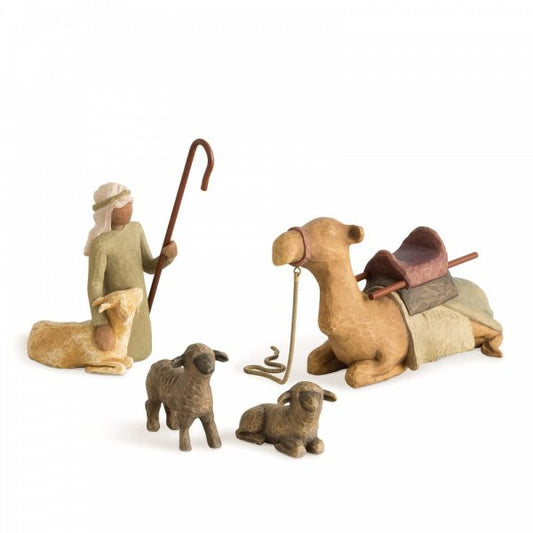 Willow Tree 4 Piece Nativity set featuring a shepherd and stable animals