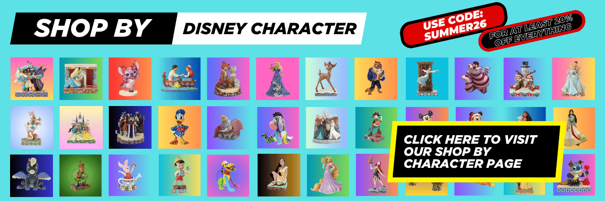Promotional banner for a Disney Character shop by category, featuring a grid of small character portraits under the heading 'SHOP BY DISNEY CHARACTER' with a red 'Use Code: SUMMER26' badge and a black callout box directing users to the character page.
