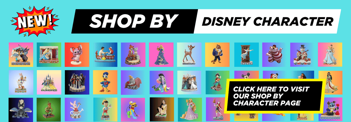 Promotional banner for Disney character merchandise with various characters displayed on a blue background.