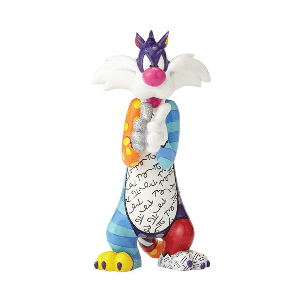 The Enesco Looney Tunes Britto Sylvester Figurine features Sylvester the Cat in a colorful patchwork design with stripes, polka dots, and handwritten patterns, standing upright with his hands clasped.