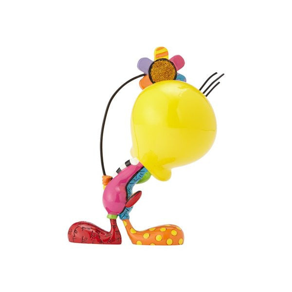 The Looney Tunes Britto Tweety with Flower Figurine by Enesco is a hand-painted, vibrant collectible featuring cartoonish Tweety with a large yellow head, flower accent, and oversized shoes—an eye-catching piece for any fan.