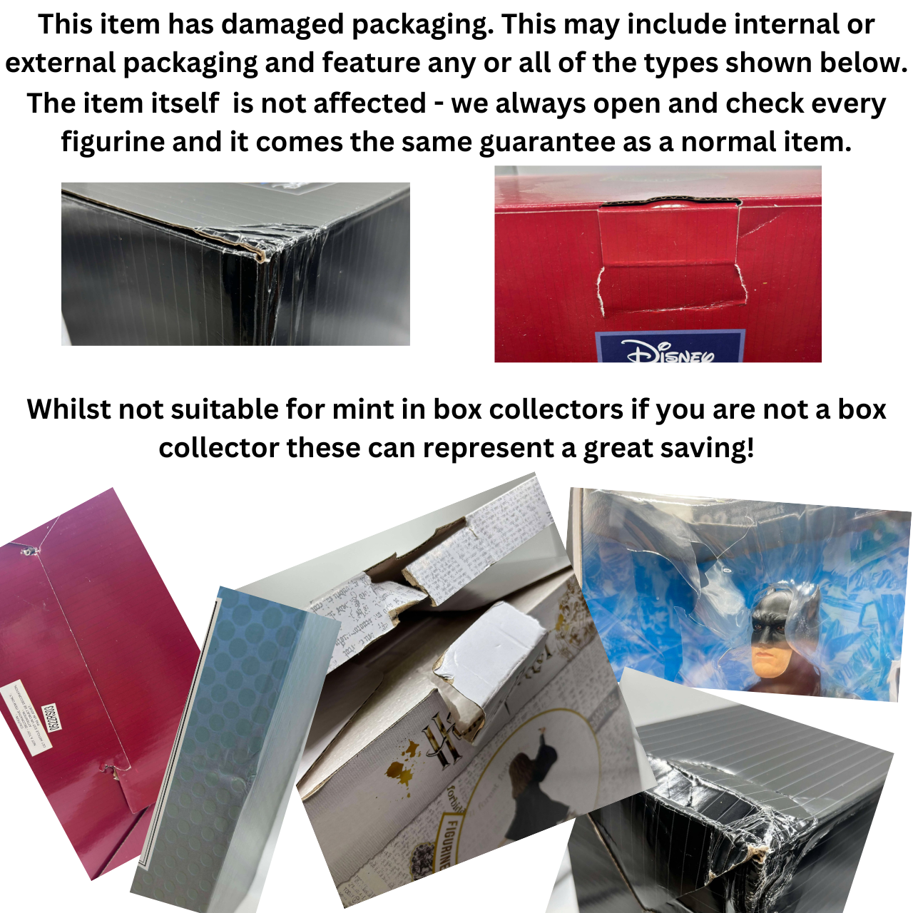 A collage shows DAMAGED BOX - Grand Jester Studios Disney Mrs Incredible Vinyl Figurine packages with dents and tears. While the packaging is damaged, the Grand Jester Studios collectible inside is unaffected and fully guaranteed.