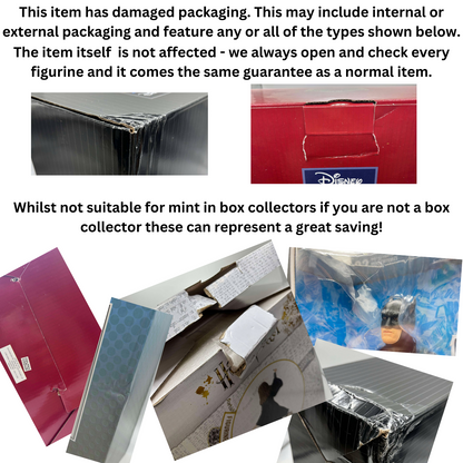 A collage shows DAMAGED BOX - Grand Jester Studios Disney Mrs Incredible Vinyl Figurine packages with dents and tears. While the packaging is damaged, the Grand Jester Studios collectible inside is unaffected and fully guaranteed.
