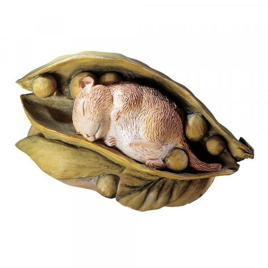 Timmy Willie in Pea Pod by Beatrix Potter features a small brown mouse curled up asleep inside an open pea pod, nestled among peas and green leaves, evoking the charm of classic Beatrix Potter stories and collectibles.