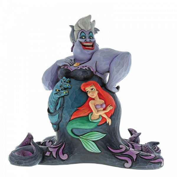 Disney Traditions Ursula and her evil side-kick eels, Flotsam and Jetsam with relief artwork depicting Ariel (The Little Mermaid) on her body Figurine