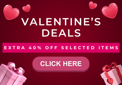 Promotional banner for Valentine's Deals with heart shapes and gift boxes on a red background.