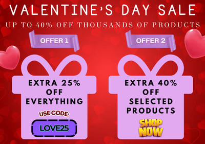 Valentine's Day sale banner with heart design and promotional text on a red background.
