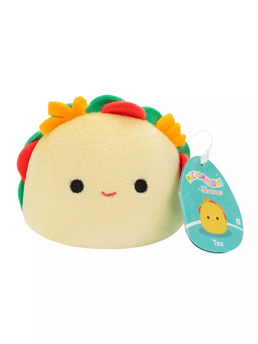 This 4 pack of Micromallows by Squishmallows includes Irina, Tabitha, Tex, and Gordon. Tex is a plush taco with a smile and colorful felt toppings—a must-have for fans!.