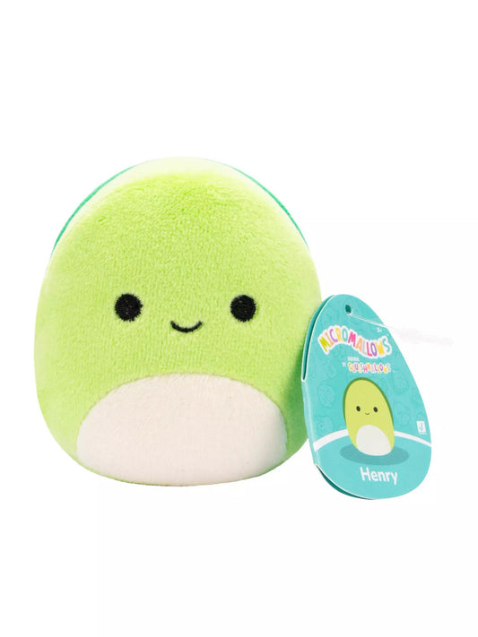 A round, green Squishmallows plush from the 4 Pack Of Micromallows Melly Clara Fifi Henry set, featuring a smiling face, white belly, and a blue-green tag with an illustration and the name Henry by Squishmallows.