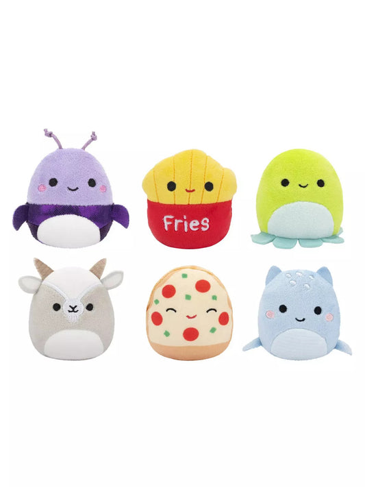 Six plush toys—Pep, Orphie, Axel, Walker, Lune, and Floyd from the 6 Pack of Micromallows by Squishmallows—are arranged in two rows, each featuring cute faces and simple details.