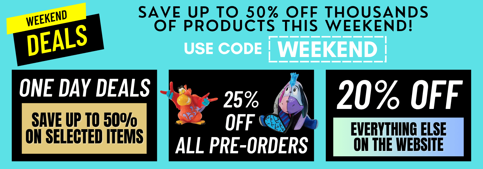 Promotional banner with weekend deals and discounts on a blue background