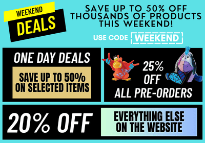 Promotional banner with weekend deals and discounts on a blue background