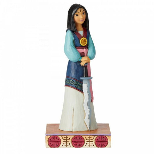 Disney Traditions Mulan holds Shan Yu's sword and wears the Emperor's crest figurine