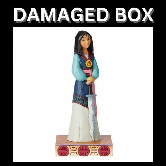 A Disney Traditions DAMAGED BOX Winsome Warrior - Mulan Princess Passion Figurine stands in traditional attire with a sword, displayed on a decorative base.