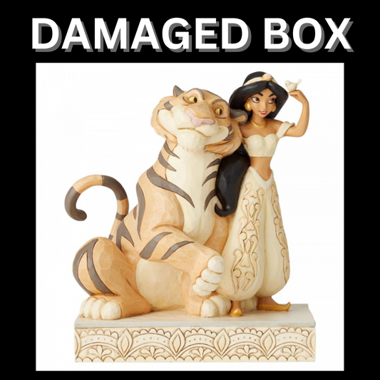 The Disney Traditions Wondrous Wishes - Jasmine Figurine features Princess Jasmine and Rajah from Aladdin on a decorative base. Large text above states “DAMAGED BOX.”.