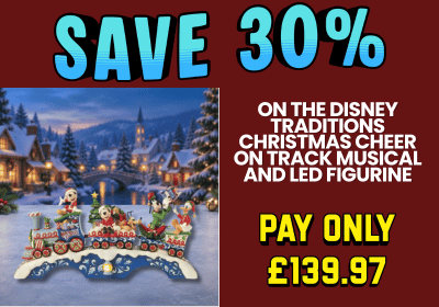 Promotional banner with a festive Christmas village scene on the left and large sale text on the right: 'SAVE 30% ON THE DISNEY TRADITIONS CHRISTMAS CHEER ON TRACK MUSICAL AND LED FIGURINE PAY ONLY £139.97' on a dark red background.