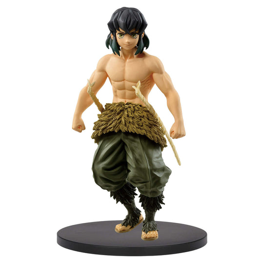The Bandai Namco Demon Slayer Inosuke Hashibira Vol. 9 figurine stands 15cm tall, showing Inosuke shirtless with black hair, green eyes, green pants, and a fur pelt in a strong pose on a black base.