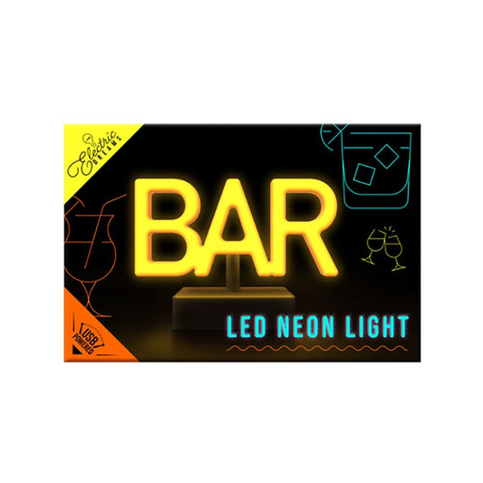 A glowing yellow Bar LED Neon Light by Paladone spells ‘BAR’ on a black background, with outlined cocktail and wine glasses—perfect for your home bar. Text on the image reads LED NEON LIGHT and Paladone in decorative fonts.