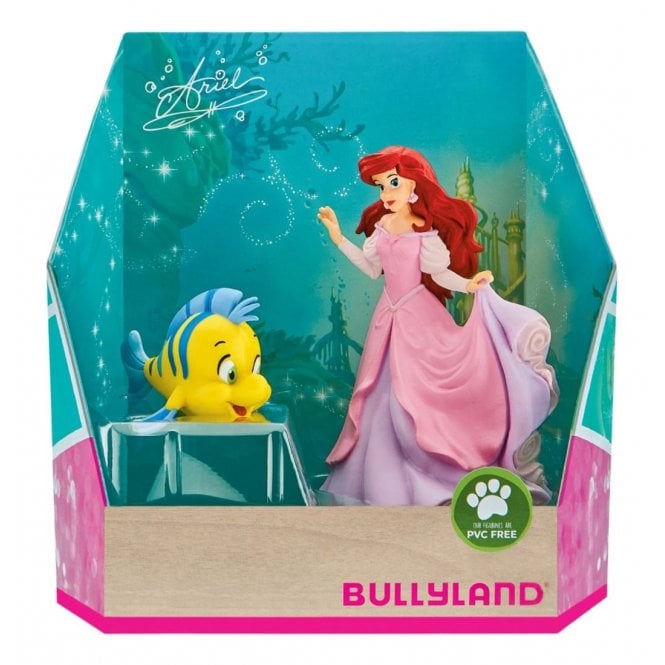 The Bullyland Disney Ariel & Flounder Double Pack Figurines features Ariel in a pink dress and Flounder, displayed in a decorative Bullyland box with PVC FREE branding on the front.