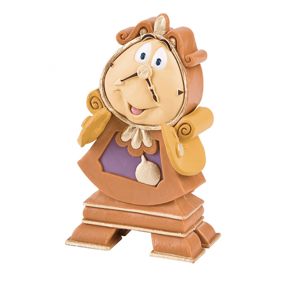 The Bullyland Disney Cogsworth Beauty and the Beast Figurine is a cartoon-style collectible featuring an animated face, brown and gold body, and movable clock hand mustache from the classic film.