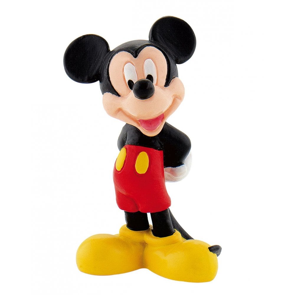 The Bullyland Disney Mickey Mouse Figurine shows Mickey smiling with one hand behind his back, dressed in red shorts with yellow buttons and yellow shoes—capturing classic Disney charm.