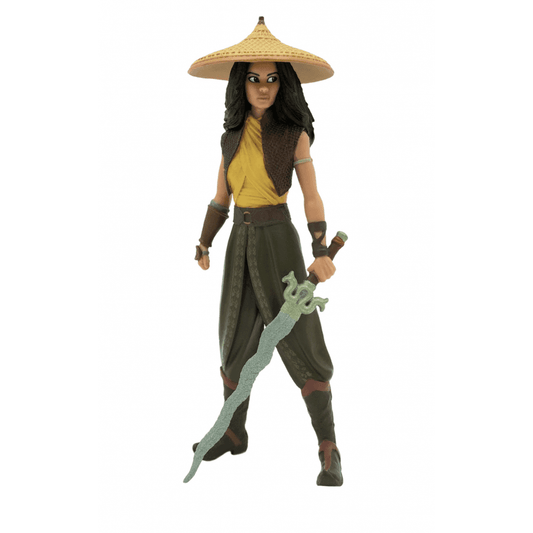 The Bullyland Disney Raya Figurine by Bullyland features Raya from Raya and The Last Dragon, confidently holding a curved sword, dressed in a conical straw hat, yellow top, brown vest, and greenish-brown pants.