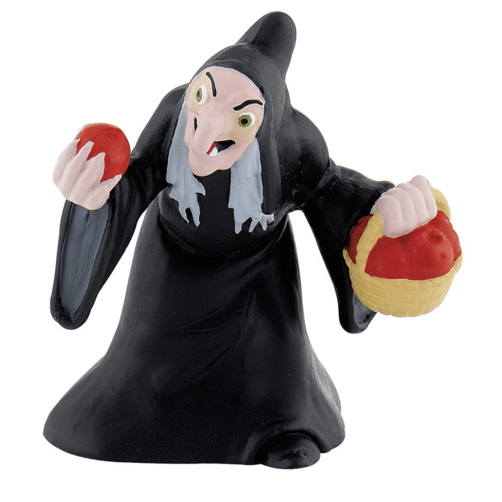 The Bullyland Disney Wicked Witch Figurine by Bullyland depicts the classic old witch in a black hooded robe with a red apple and basket—an ideal piece for any Disney figurine collection.