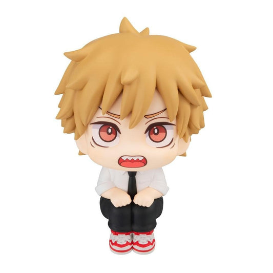 The Bandai Namco Chainsaw Man Look Up Figure Denji & Power Limited Edition is a chibi-style PVC statue featuring spiky blond hair, angry red eyes, sharp teeth, and wearing a white shirt, black pants, and red-and-white sneakers.