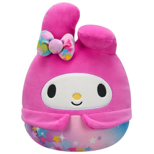 The Squishmallows 8 My Melody Hello Kitty & Friends plush features a pink bunny with a big bow, a white smiling face, and a pastel star-decorated lower half—perfect for Squishmallows and Sanrio fans.