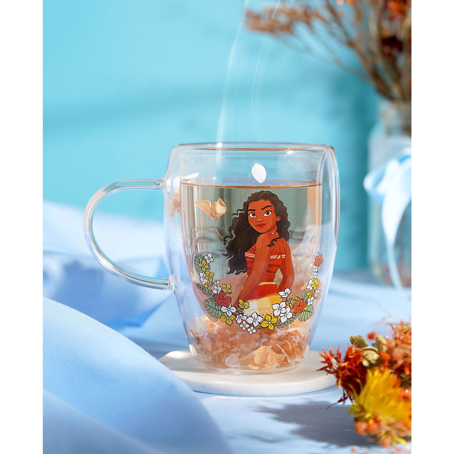 Disney Pastel Princess Floral Decorative Glass Mug - Moana
