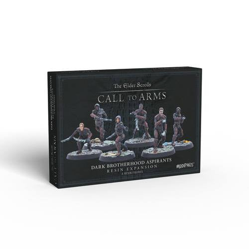 Modiphius The Elder Scrolls Call To Arms Dark Brotherhood Aspirants box features six detailed assassin miniatures in action poses set against a moody, Dark Brotherhood-inspired background.