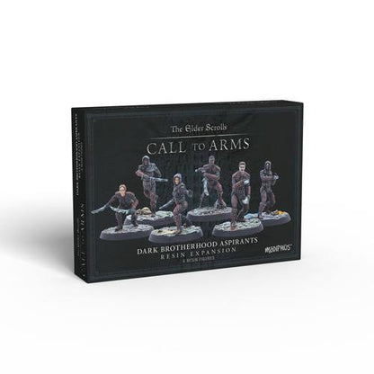 Modiphius The Elder Scrolls Call To Arms Dark Brotherhood Aspirants box features six detailed assassin miniatures in action poses set against a moody, Dark Brotherhood-inspired background.