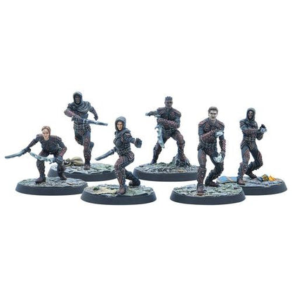 The Elder Scrolls Call To Arms Dark Brotherhood Aspirants by Modiphius includes six intricately painted miniatures in armored, futuristic outfits with swords and guns, posed on textured bases as if ready for sci-fi battle.