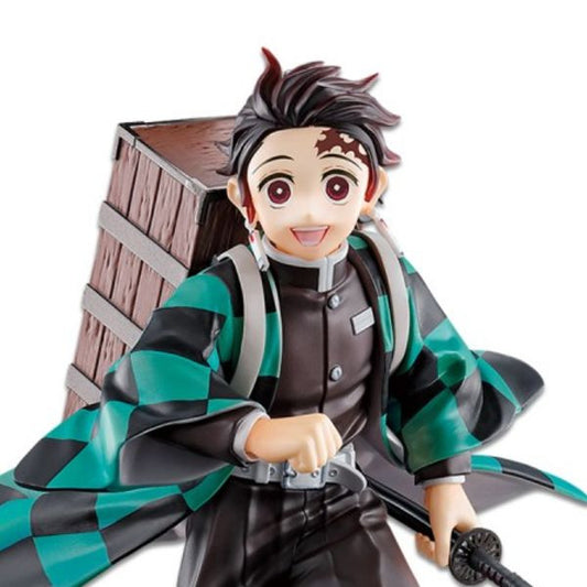 The Bandai Namco Demon Slayer Ichibansho Series Tanjiro Kamado The Fourth PVC statue depicts Tanjiro with spiky brown hair, a green and black checkered haori, wooden box, sword, and a smiling expression.