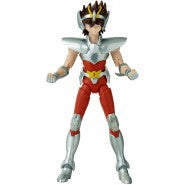 The Bandai Namco Anime Heroes Saint Seiya Pegasus Seiya action figure showcases Pegasus Seiya in silver and red armor with a helmet and clenched fists, standing upright against a white background.