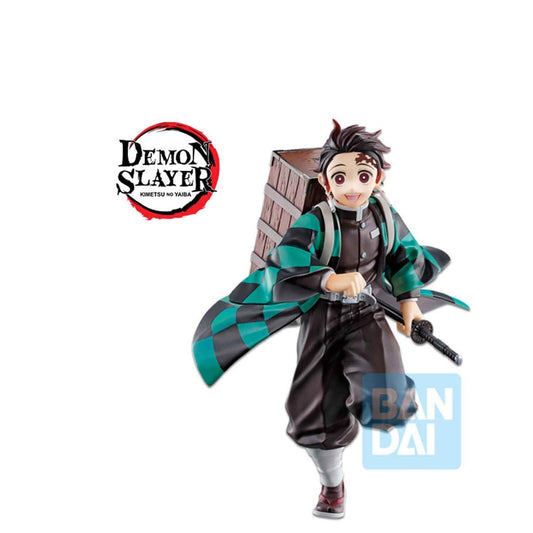 The Bandai Namco Demon Slayer Ichibansho Series Tanjiro Kamado The Fourth PVC statue features Tanjiro in his green-checkered cloak with a sword and wooden box, displaying the Ichibansho series logo and Bandai watermark.
