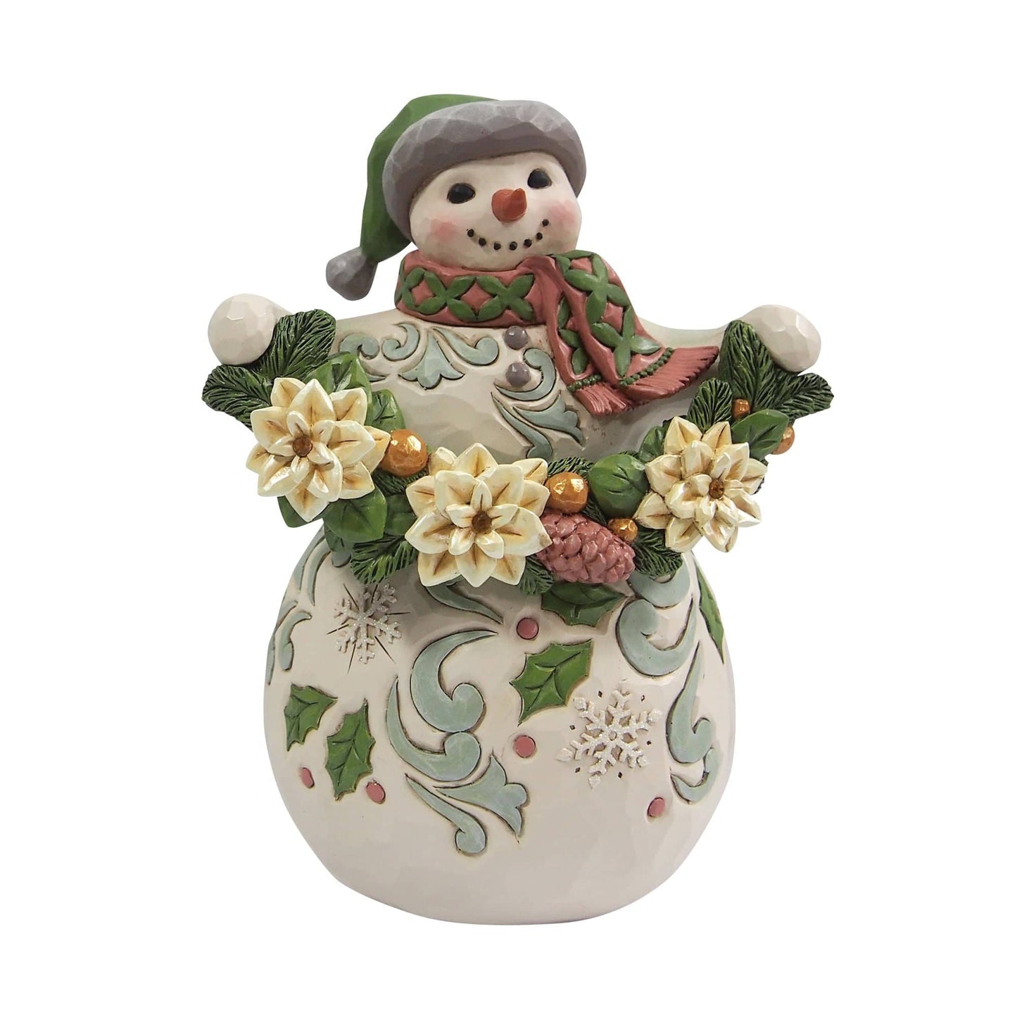 Heartwood Creek Opal and Moss Snowman Poinsettia Figurine By Jim Shore